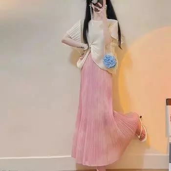 Полуюбка, маленький свежий темперамент, нежная сказочная розовая полуюбка, плиссированный топ с короткими рукавами для женщин One Size розовый