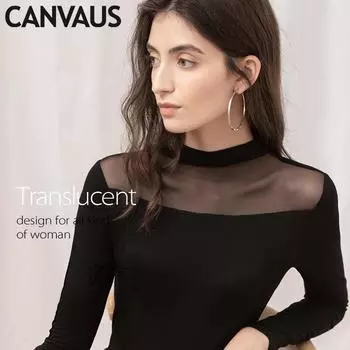 Полуводолазка Canvaus с открытыми плечами и прозрачной сеткой, черный женский топ с длинными рукавами и низом XXL чёрный