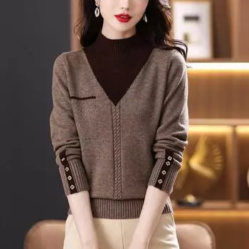 Полуводолазка искусственный двухсекционный свитер женский с длинным рукавом базовый пуловер зимний трикотажный свитер One Size(45-61kg) красный