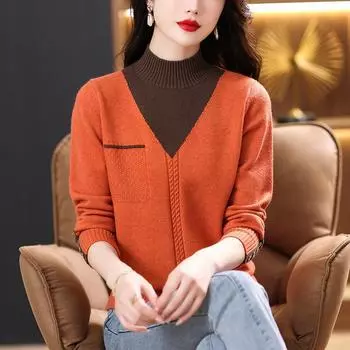 Полуводолазка искусственный двухсекционный свитер женский с длинным рукавом базовый пуловер зимний трикотажный свитер One Size(45-61kg) красный