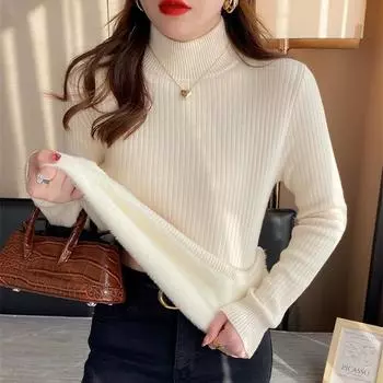 Полуводолазка из утолщенного интегрированного флиса, женский свитер-праймер, осень-зима 2024, новый популярный вязаный топ One Size белый