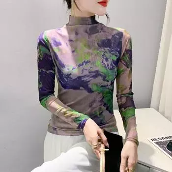 Полуводолазка с принтом тай-дай для женщин на осень и зиму, сетчатая рубашка, модная облегающая внутренняя футболка с длинными рукавами S