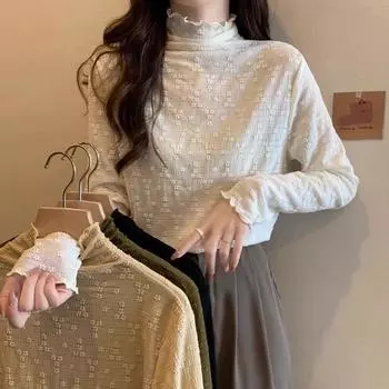 Полуводолазка, узкая рубашка с длинными рукавами, женская футболка, осенне-зимняя кружевная грибовидная кайма, бархат и утолщенный многослойный внутренний верх. S