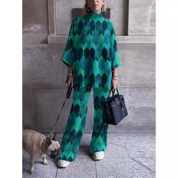 Полувысокий воротник и топы, широкие брюки, костюм на весну и осень, женский повседневный одинаковый комплект, женская элегантная уличная одежда с принтом XXXXXL