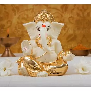 Poly Resin Golden Off White Ganesh Idol for Car Dashboard Small Ganesha Murti Ganpati Idol for Home Decor Puja Lord Ganesh Statue Gift 3.5 Inch
