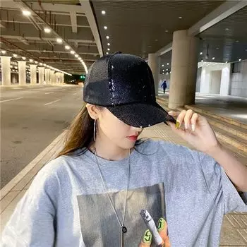 Полые блестящие изогнутые поля для мужчин и женщин бейсбольная кепка корейская шляпа от солнца блестки кепки для спорта на открытом воздухе чёрный