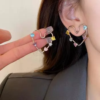 Полые цветные серьги с цирконием в форме сердца, модные и простые универсальные серьги для женщин