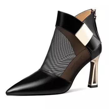 Полые короткие сапоги, крутые сапоги в сетку, универсальные дышащие туфли на толстом каблуке для женщин на высоком каблуке 34 чёрный