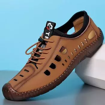 Полые кожаные туфли мужские дышащие уличные туфли модные мужские роскошные сандалии мужские удобные прогулочные туфли мужские мокасины 38 чёрный