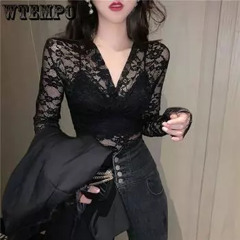 Полые кружевные рубашки с v-образным вырезом, сетчатый топ, женская весенне-осенняя облегающая сексуальная футболка с длинным рукавом S чёрный