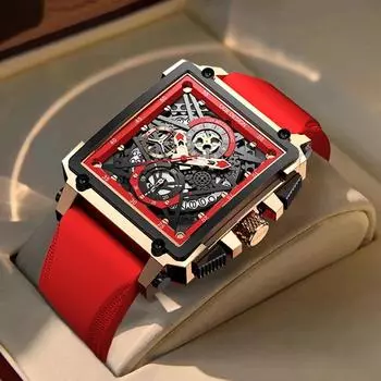 Полые квадратные мужские часы с хронографом LIGE, брендовые роскошные автоматические мужские часы с датой, водонепроницаемые мужские наручные часы золотой/красный