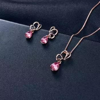 Полые лепестки, капли воды, стразы, очаровательные серьги-гвоздики, ожерелье, женский комплект ювелирных изделий розового золота
