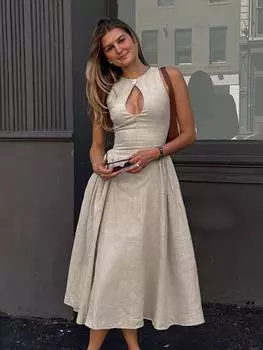 Полые плиссированные женские платья средней длины с одной пуговицей, летние женские вечерние платья без рукавов трапециевидной формы M хаки