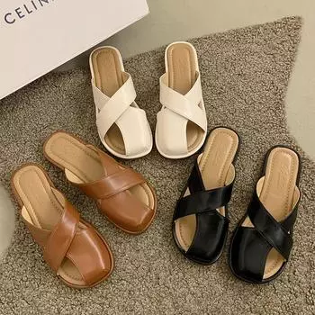 Полые плоские мягкие тапочки-мешки с головкой-мешком, женские летние 2025 г., корейская версия, круглая головка, ленивые женские туфли, сандалии для женщин 35 бежевый