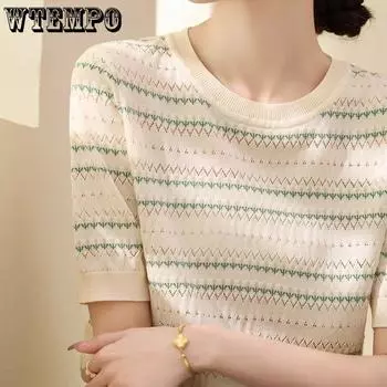 Полые полосатые Ice Silk короткие рукава трикотажная женская футболка летний новый универсальный круглый вырез горловины S синий