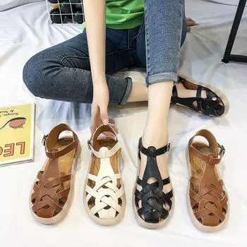 Полые римские сандалии в стиле ретро, женские летние женские сандалии на плоской подошве с круглой пряжкой и пряжкой 35 бежевый