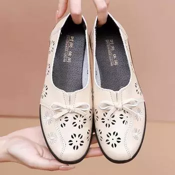 Полые сандалии, женская кожаная обувь, мягкая кожаная обувь с противоскользящей мягкой подошвой для среднего и пожилого возраста 35 чёрный