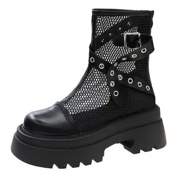 Полые сапоги женские летние тонкие дышащие сетчатые одинарные сапоги новая пряжка ремня толстая подошва каблук ботильоны до щиколотки C473 35 чёрный