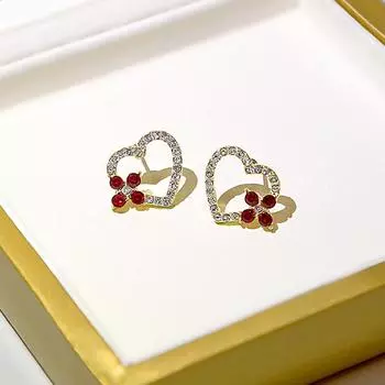 Полые серьги в форме сердца с цирконием, милые и милые, простые и элегантные. красный