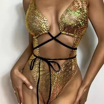 Полые стринги с высоким вырезом для женщин Монокини спереди на шнуровке Цельный купальник бикини L чёрный