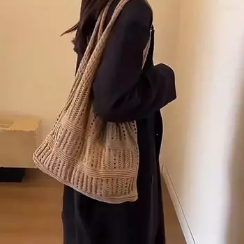 Полые вязаные крючком сумки пляжные легкие студенческие наплечные повседневные женские сумки для покупок тканые сумки для женщин и девочек 36x2x34cm бежевый