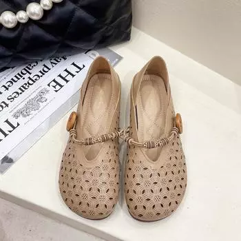 Полые женские летние и осенние удобные лоферы на плоской подошве в стиле ретро в этническом стиле, женские туфли-лоферы 35 бежевый