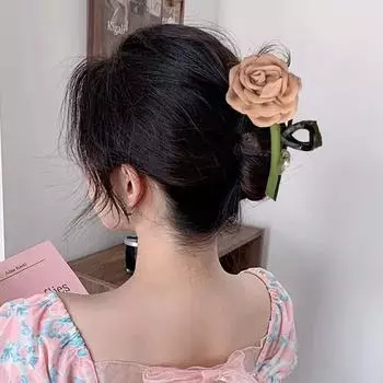 Polyester Fabric Hair Claw Plastic Flower Gripped Clip Elegant Rose Shark Clip School розовый