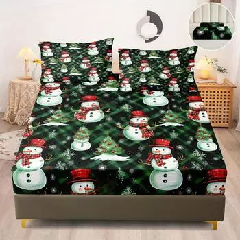 Polyester Plaid Christmas Snowman Bedding Set, Soft Comfortable Fitted Sheet and Pillowcases, 20x30 inches, Multiple Sizes 90x190x25cm 2pcs
