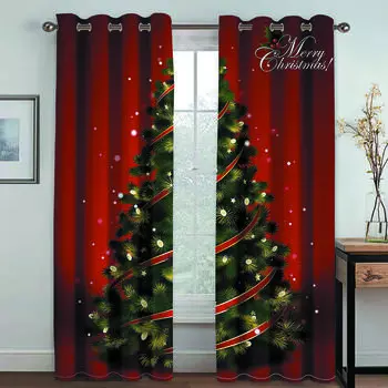 Polyester Window Curtains With Hooks, Christmas Tree, Santa, Red, Happy New Year, Children s Curtains, Bedroom, Living Room 120W243H&Hook