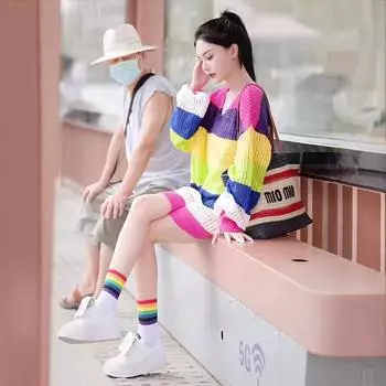 Полый дизайн, контрастный цвет радуги, вязаный свитер для женщин, весна и осень, новое свободное и тонкое платье средней и длинной длины S 80-45 kg