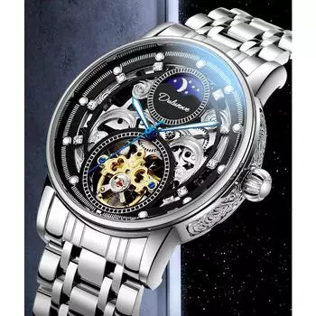 Полый дизайн мужские часы роскошные автоматические механические часы для мужчин светящиеся скелетон наручные часы фазы Луны Relogio Steel strap чёрный