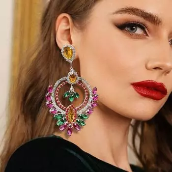 Полый круг с бриллиантами, цветные бриллиантовые серьги для тяжелых рабочих, темперамент, модные вечерние серьги серебряный