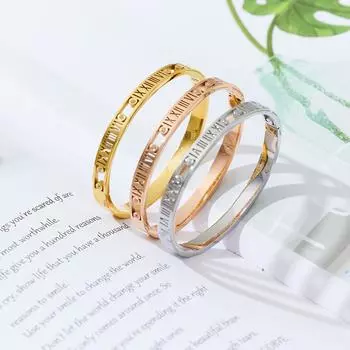 Полый римский цифровой браслет из титановой стали с бриллиантами золотистый