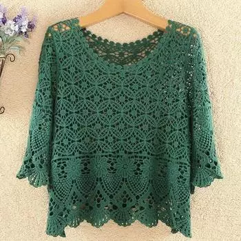 Полый солнцезащитный трикотажный многослойный топ для женской летней верхней одежды свободного кроя и нишевого топа с половиной рукавов. One Size зелёный