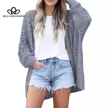 Полый V-образный вырез весна и осень однотонный женский вязаный кардиган плюшевая свободная тонкая куртка повседневный стиль пальто S хаки