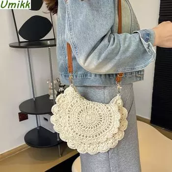 Полый вязаный кошелек на ремне, летняя вязаная сумка через плечо, женская тканая сумка ручной работы на плече с регулируемым ремешком, эстетические пляжные сумки