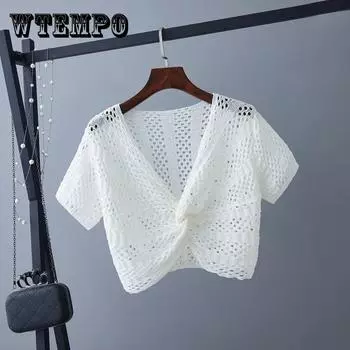 Полый вязаный свитер с короткими рукавами, женская короткая блузка-летучая мышь, тонкий свободный топ с v-образным вырезом, летняя одежда для защиты от солнца XXL бежевый