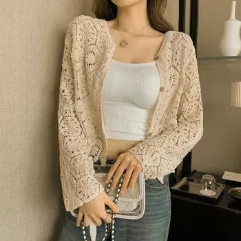 Полый вязаный топ для женской верхней одежды, тонкий кружевной солнцезащитный пуловер, рубашка с кондиционером, универсальная куртка-шаль. One Size белый