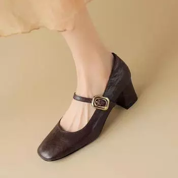 Pomelo Early Single Shoes Модные и удобные женские весенние туфли с одной пряжкой на толстом каблуке Туфли Мэри Джейн серебристого цвета 35 коричневый