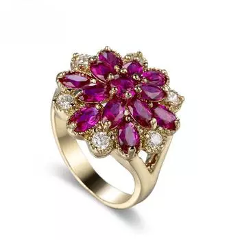 POMOiii Кольца с красным корундом и цирконом в виде цветка для девочек с ослепительным красным камнем, романтический подарок на день рождения для женщин, настоящие ювелирные изделия 6 красный