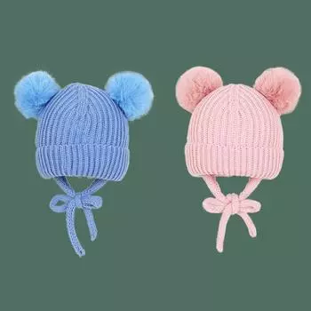 Pompom Winter Baby Hats Cute Beanies Caps Ear Protection Knitted Boys Girls Headwraps Warm Kids Crochet Infant Kids Headwear розовый