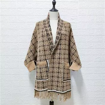 Пончо женский осенне-зимний бархатный шаль с кисточками из искусственной норки, куртка Cheongsam, шарф двойного назначения, женский плащ с длинными рукавами, топы One Size чёрный