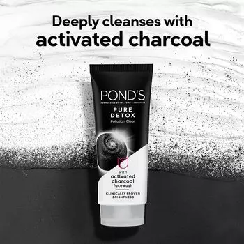 POND S Pure Detox Средство для умывания лица 200 г, ежедневное отшелушивающее и осветляющее очищающее средство, глубоко очищает жирную кожу - с активированным углем для свежей и сияющей кожи