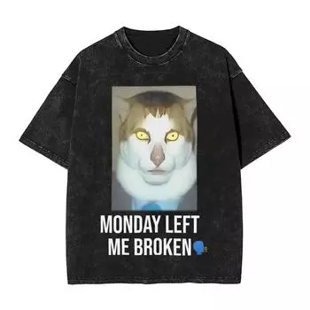 Понедельник оставил меня сломанным котом Мужская футболка Выстиранная Новинка Футболка Короткий рукав Круглая футболка Чистый хлопок Одежда больших размеров S