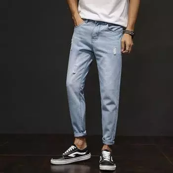 Поношенные мужские эластичные джинсы, мужские свободные брюки, мужские универсальные повседневные модные брендовые укороченные брюки. 36