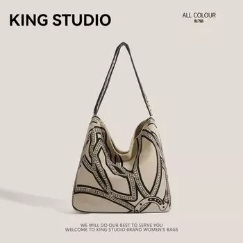 Pony Totem Print Tote Bag Female 2025 New Arrival Tide Retro Large Capacity Canvas Bag Idle Style Shoulder Bag Khaki