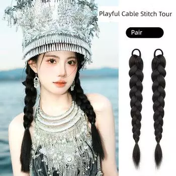 Ponytail False Braids Children s Sweet Cool Silver Thread Dreadlocks Small Braid Chinese Ancient Style Silver Jewelry Hair Accessories Artificial Hair Ethnic wind braided pair-Nature Black