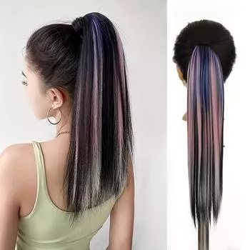 Ponytail With Hair Wrapped Around Long Straight Ponytail Extensions Synthetic Clip In Hair Extensions Elegant For Daily Use Hair Accessories