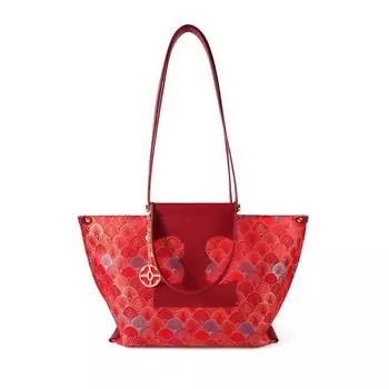 Pooh New Chinese Style Fan-Shaped Embroidery Tote Bag 2025 New High-Grade Large Capacity Women Shoulder Bag Red