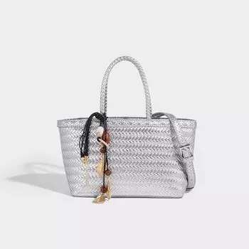 Pooh New Hand-Woven Holiday Style Vegetable Basket Tote Bag Large Capacity Commuter Shoulder Shoulder Handbag Silver